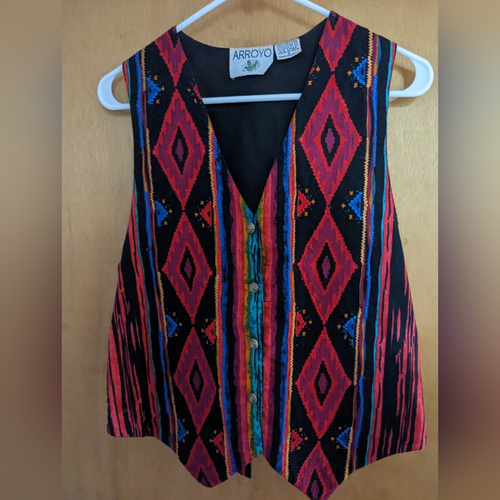 Arroyo Vintage Embroidery Aztec Geometric Red V-neck Cotton Vest Size S